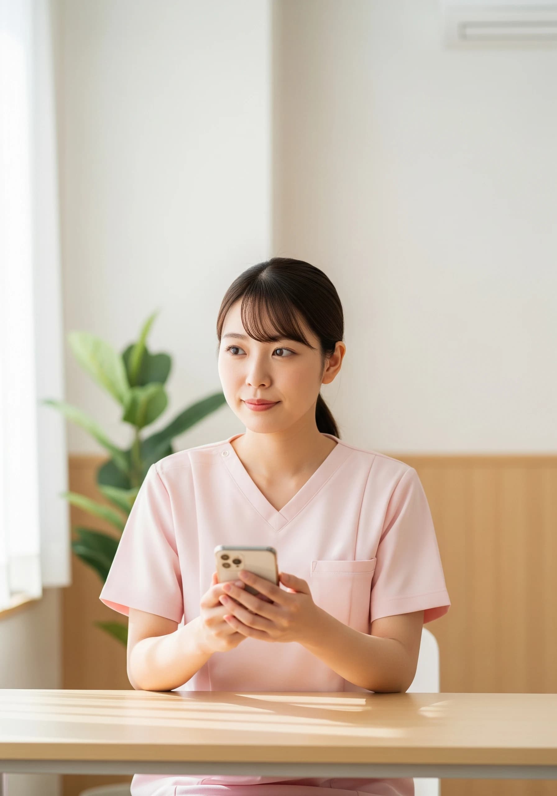 スマートフォンで学習する若手看護師